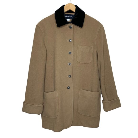 Flawed Anne Klein II Camel Coat Wool Black Velvet Collar Button Up Womens Size 6 - Picture 1 of 14